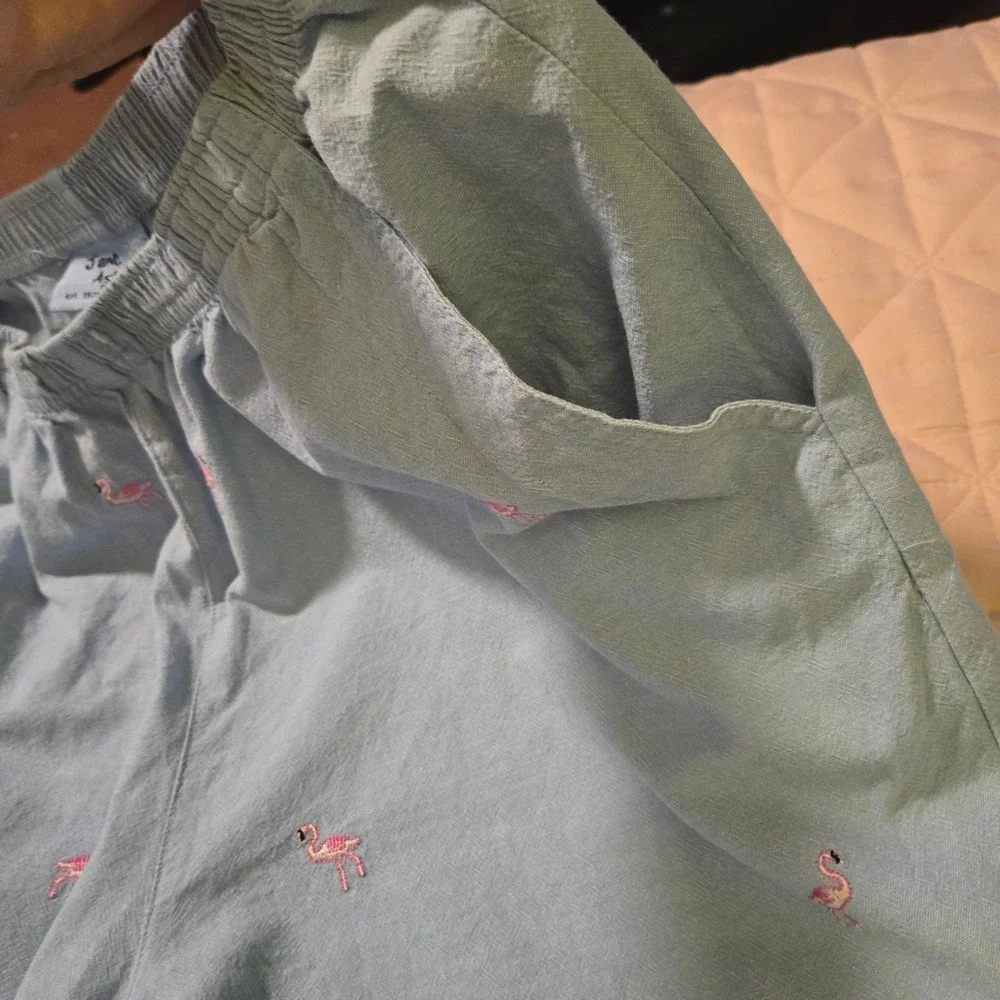 Jane Ashley Blue‎ Cotton Flamingo Chambray Set Top Pants PL Embroidery Sequin